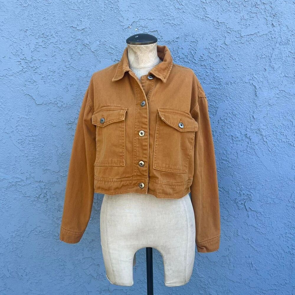 Tan Utility Jacket Cropped Twill Shacket Womens Small